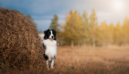 Australian Shepherd in Autumn Field. Black and white Australian Shepherd stands beside a large hay bale in a dry autumn field under soft evening light. 