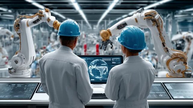 Engineers at the Smart Factory: Two engineers in a modern factory setting, observing automated robotic arms working on production and monitoring technological process.