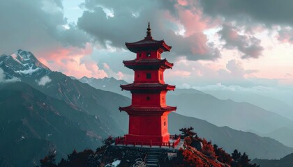 A vibrant red pagoda stands atop a mountain, silhouetted against a dramatic sunset sky with layers of mountains in the background.