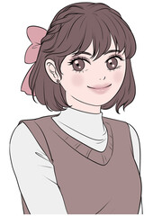 Cute Anime Schoolgirl with Pink Bow and Brown Uniform – Soft Kawaii Portrait Vector Illustration