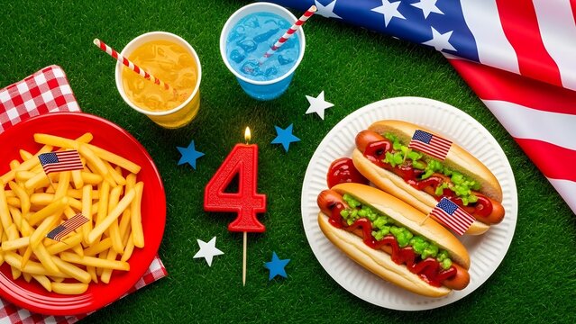 Fourth of July Celebration with Hot Dogs, Fries, Drinks and American Flag Decoration - Powered by Adobe