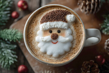 cup of hot cocoa topped with foam in the shape of a cheerful Santa Claus sits on a wooden table surrounded by evergreen fir branches with pine cones. New Year's and Christmas card, cafe backdrop.