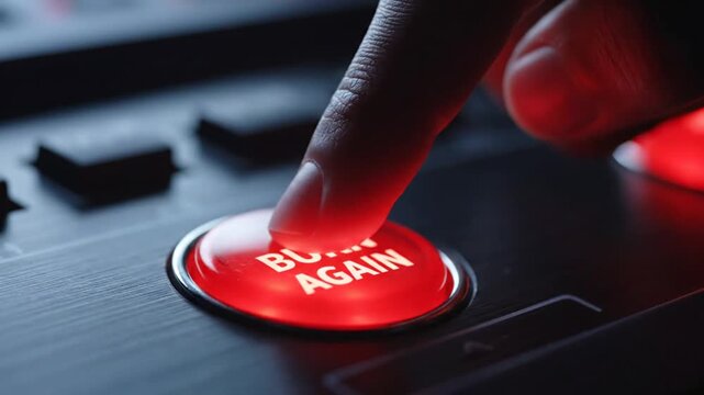 Close up of a finger pressing a bright red button labeled burn again in a dark setting