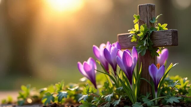 Rustic wooden cross entwined with green ivy and surrounded by purple crocus flowers in warm sunset light, concept of easter hope, christian faith, memorial services