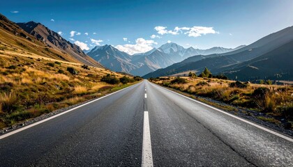 Naklejka premium A long road stretches into the distance, framed by grassy hills and majestic mountains under a bright blue sky. The image captures the beauty of nature and the
