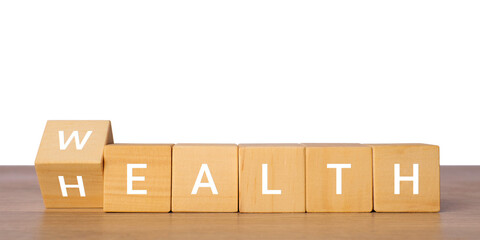 Wooden blocks with health and wealth concept word for financial wellness idea, isolated on transparent background