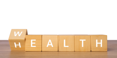 Wooden blocks with health and wealth concept word for financial wellness idea, isolated on transparent background