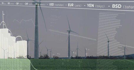 Currency ticker appearing, financial graphics rising over turbines, representing currency trends - Powered by Adobe