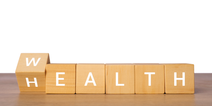 Wooden blocks with health and wealth concept word for financial wellness idea, isolated on transparent background