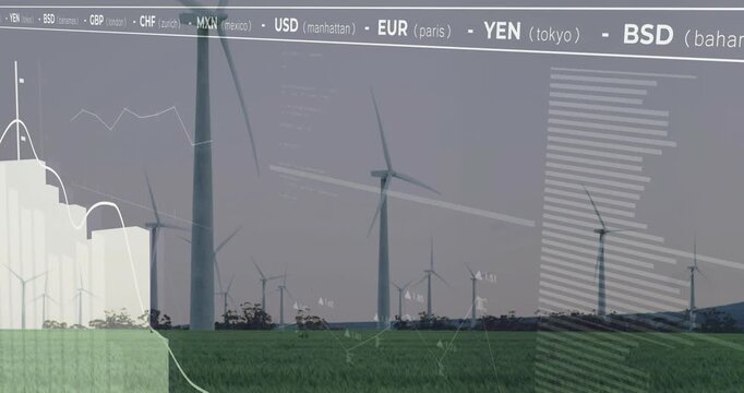 Currency ticker appearing, financial graphics rising over turbines, representing currency trends