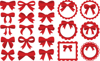 Set of red bows in various styles on transparent background for decorations gifts