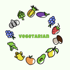 Circular vegetarian-themed design with green VEGETARIAN text surrounded by colorful fruits and vegetables. Promotes plant-based lifestyle in a cheerful and natural style