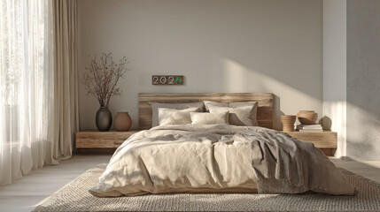 A bed with a wooden headboard and a white blanket