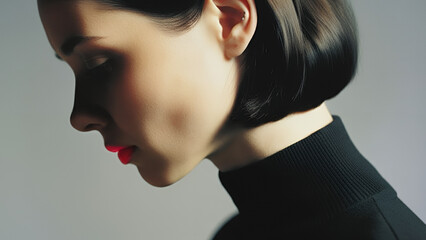 Elegant woman in profile with stylish bob haircut and vivid lipstick against a soft background