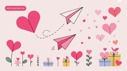 Whimsical valentine s day illustration with paper airplanes flying amongst hearts and gifts on a soft pink background