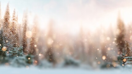 Obraz premium Winter landscape with snow-covered trees and soft light during sunrise or sunset