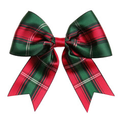 Festive red and green tartan plaid christmas bow isolated on transparent background