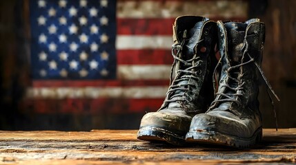 A pair of worn military boots rests on a rustic wooden table. In the background, an American flag hangs, symbolizing patriotism and service. The scene conveys a sense of history and sacrifice.