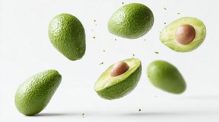 Fresh avocados floating with inner seeds visible on a light background