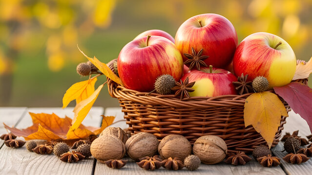 Autumn harvest of ripe red apples in a woven basket surrounded by colorful fall leaves and nuts