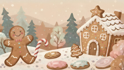 Fototapeta premium Charming gingerbread cookies and house, festive scene with cheerful gingerbread man, holiday joy 