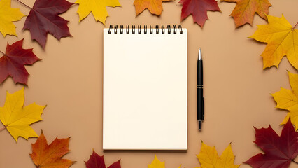 Autumn leaves frame a blank notepad and pen ready for creative thoughts and seasonal inspiration