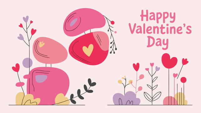 Happy valentines day greeting card with abstract heart shapes and floral elements in pink and red colors on a soft pink background - Powered by Adobe