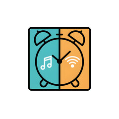 Split alarm clock icon with music note and wifi symbol on white Keywords: alarm clock, time