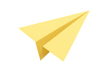 Yellow paper airplane flying, representing travel, business, communication, innovation, and childhood dreams on transparent background