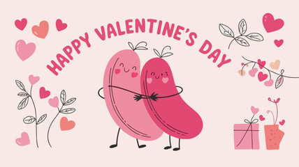 Cute and playful illustration of two pink characters hugging with happy valentine s day text and hearts surrounding them perfect for greeting cards and romantic celebrations