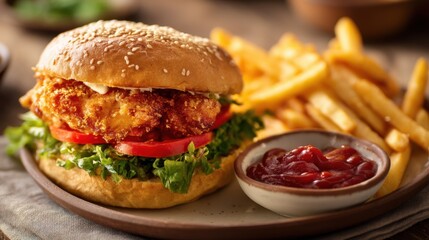 Crispy fried chicken sandwich with lettuce, tomato, and mayonnaise, served with golden french fries and ketchup for a delicious fast food meal.