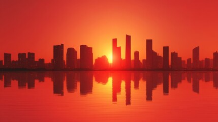 Obraz premium Silhouette of a modern city skyline at sunset overlooking water with vivid orange and red sky. Reflective cityscape for travel background.
