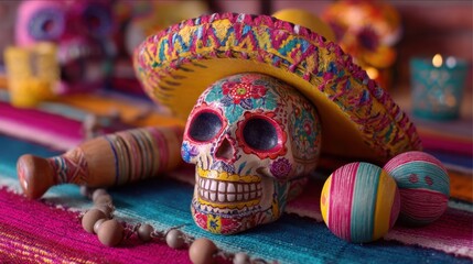Sugar skull in sombrero. Day of the Dead celebration display with colorful mariachi decorative items and vibrant cultural elements. Mexican festival.