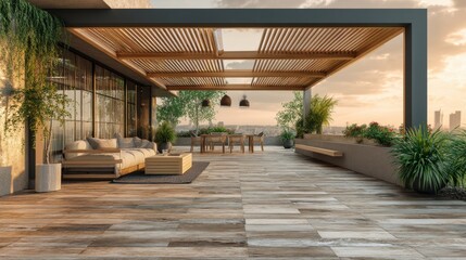 Obraz premium Beautiful rooftop veranda with comfortable furniture, outdoor dining set, modern design ideal for relaxation, party, event, or social gathering