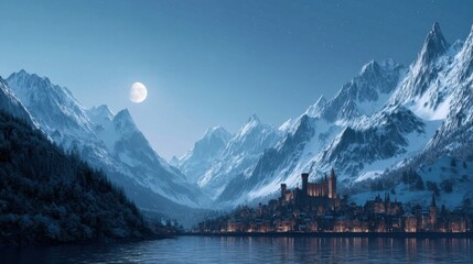 Enchanted mountain village at night with full moon reflecting in calm lake water. Winter landscape with ancient castle and glowing town.