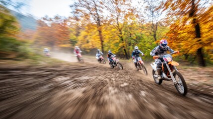 Naklejka premium Men riding enduro motorcycle on a muddy dirt track through an autumn forest. Off-road racing event or motocross training for extreme sport. Adventure concept.