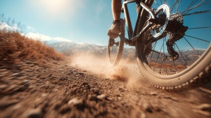 Mountain biker kicks up dust while riding off-road. Adventure journey concept for outdoor sport and extreme activity.