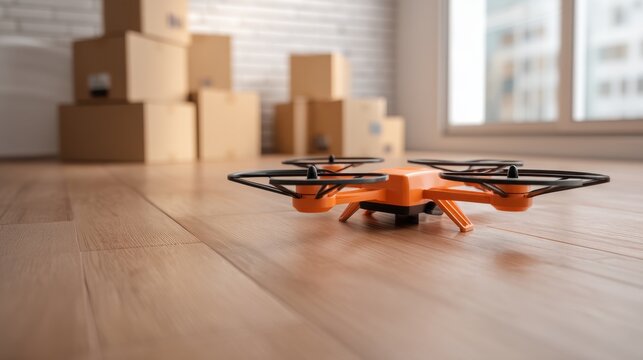 Small orange drone on wooden floor with cardboard boxes in background. Smart delivery concept and automated shipping service innovation.