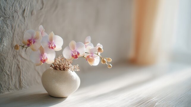 Flowering orchid in a white vase on a textured surface. Elegant home decor for gift card, spa, or gentle background.