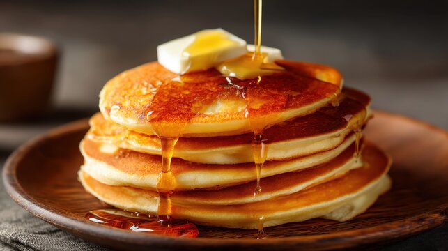 Golden pancakes stack with melting butter, drenched in pouring syrup on a rustic plate. Delicious breakfast food for cafe menu. - Powered by Adobe