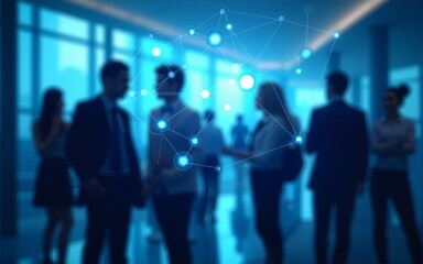 Silhouettes of business professionals in blue-toned office, digital network overlay suggests technology and connectivity. High quality