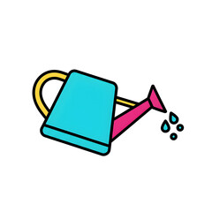 Teal Watering Can with Pink Spout Dripping Water on White Background garden gardening
