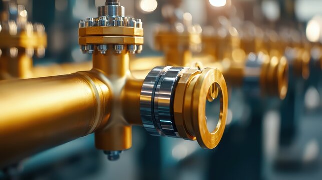 Close up of a golden industrial pipeline with precise metal fittings for factory machinery. Engineering and manufacturing concept for a technological background.