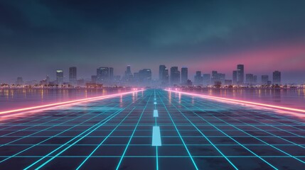 Neon grid road extends towards a cyber city skyline at dusk, representing futuristic travel and digital pathways. Data transfer concept background.