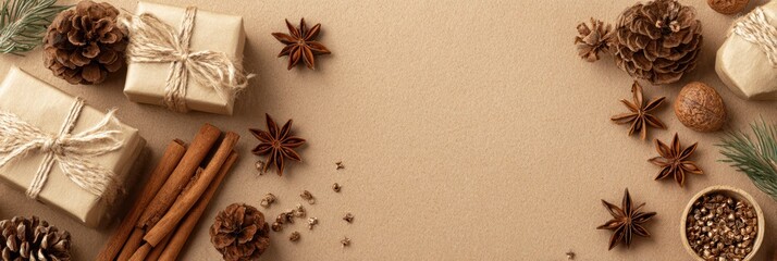 Christmas gifts and natural winter decorations on a rustic brown background