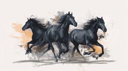 Fototapeta premium Three black horse galloping in an artistic watercolor style with dynamic paint splashes. Design for decoration, wallpaper, or equestrian concept.