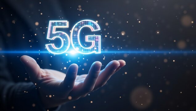 Human hand holding 5G digital technology image, futuristic glow, concept of high-speed communication and innovation in today's digital world - Powered by Adobe