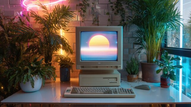 Retro computer monitor displaying a synthwave sunset with neon lights and plants in a room. 80s aesthetic and vaporwave style for computing and gaming.