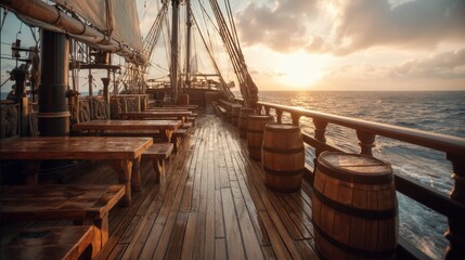 View from the deck of a wooden tall ship sailing at sunset. Historic pirate vessel for sea voyage or adventure travel concept.