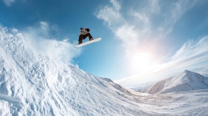 Snowboarder jumping high in the air with snow spray. Action shot of extreme winter sports with mountain landscape. Freedom and adventure concept.